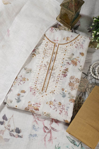 Cream & Fawn Chanderi Cotton Floral Printed And Embroidered Unstitched Suit