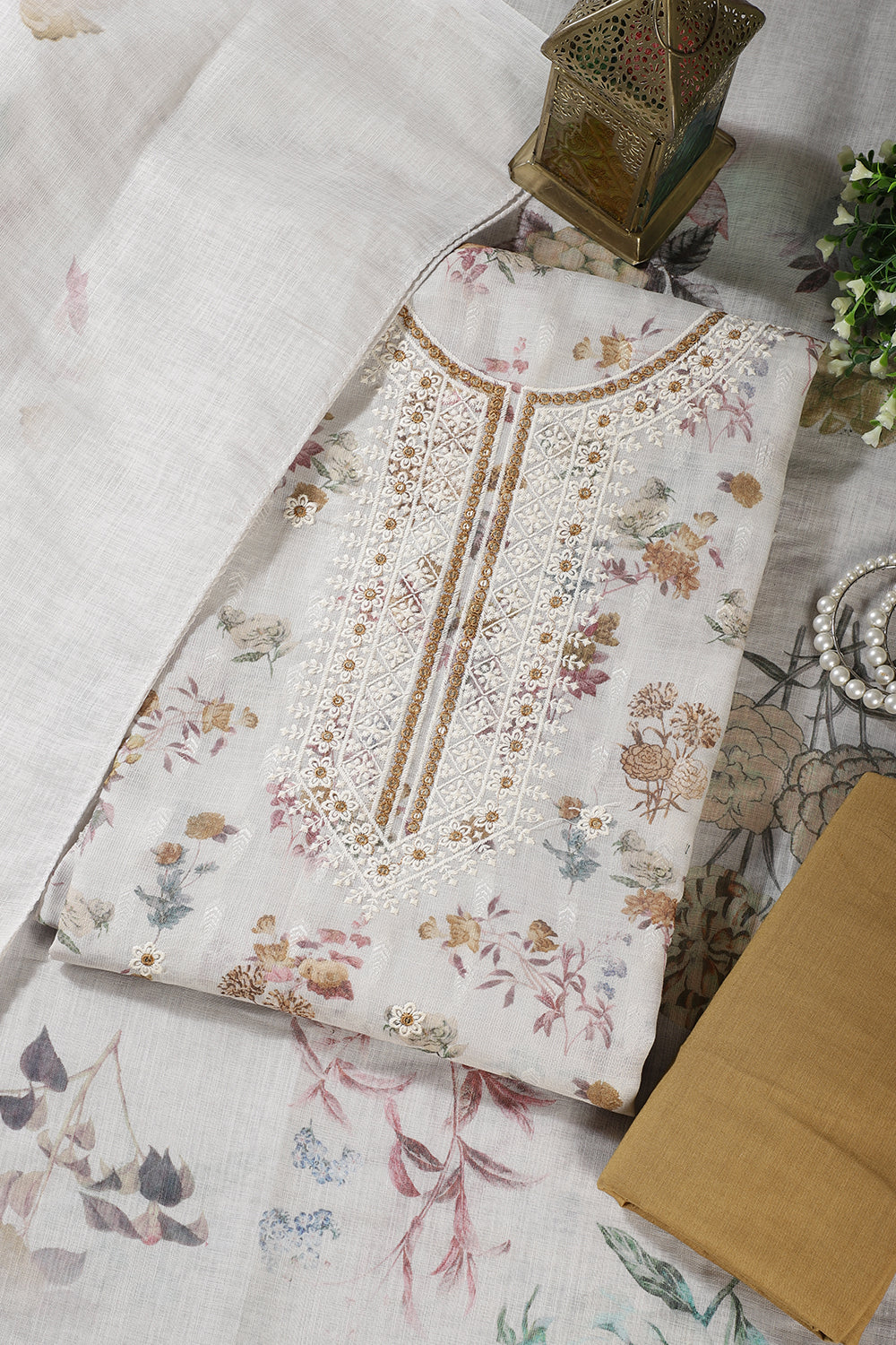 Cream & Fawn Chanderi Cotton Floral Printed And Embroidered Unstitched Suit