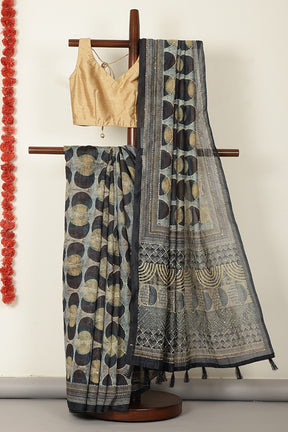 Black & Navy Cotton Block Printed Saree