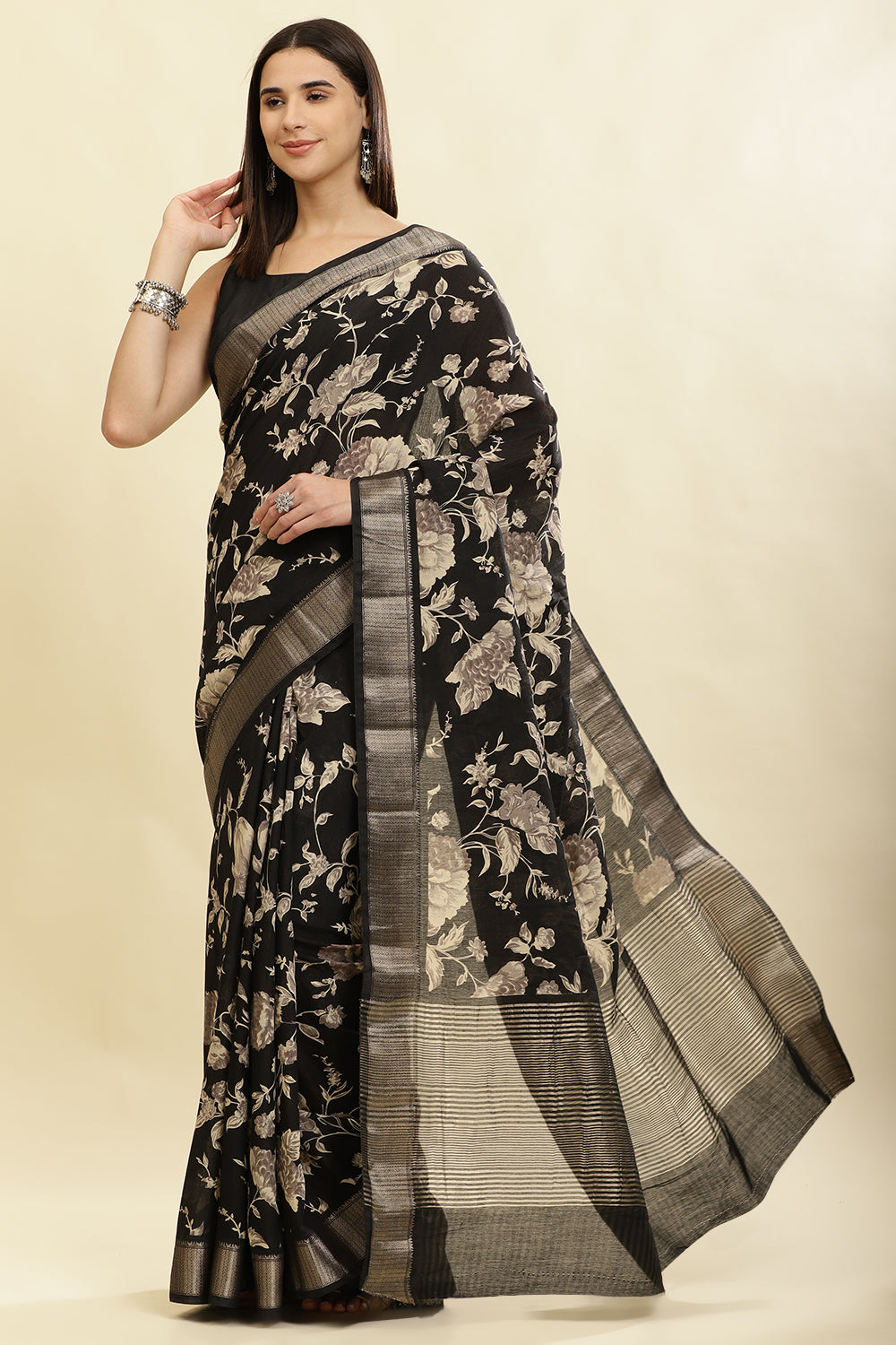 Black Cotton Silk Floral Printed & Zari Border Saree