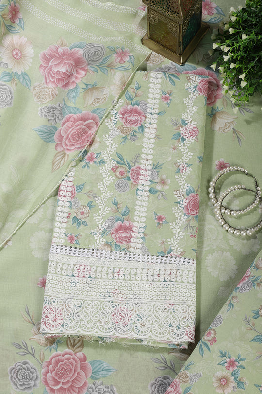 Green Color Cotton Flower Printed and Lace Work Unstitched Suit Fabric