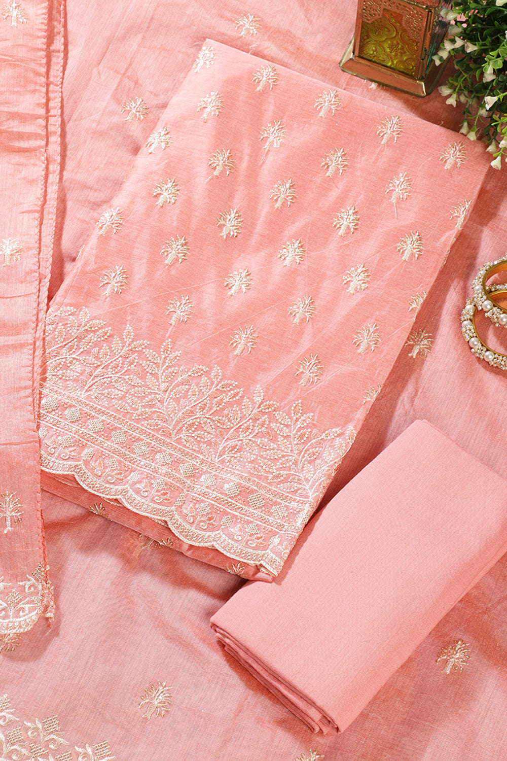 Peach Chanderi Silk Embroidered Unstitched Suit Material
