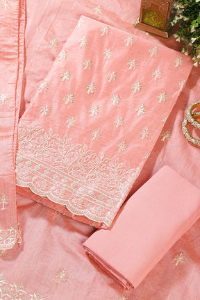 Peach Chanderi Silk Embroidered Unstitched Suit Material