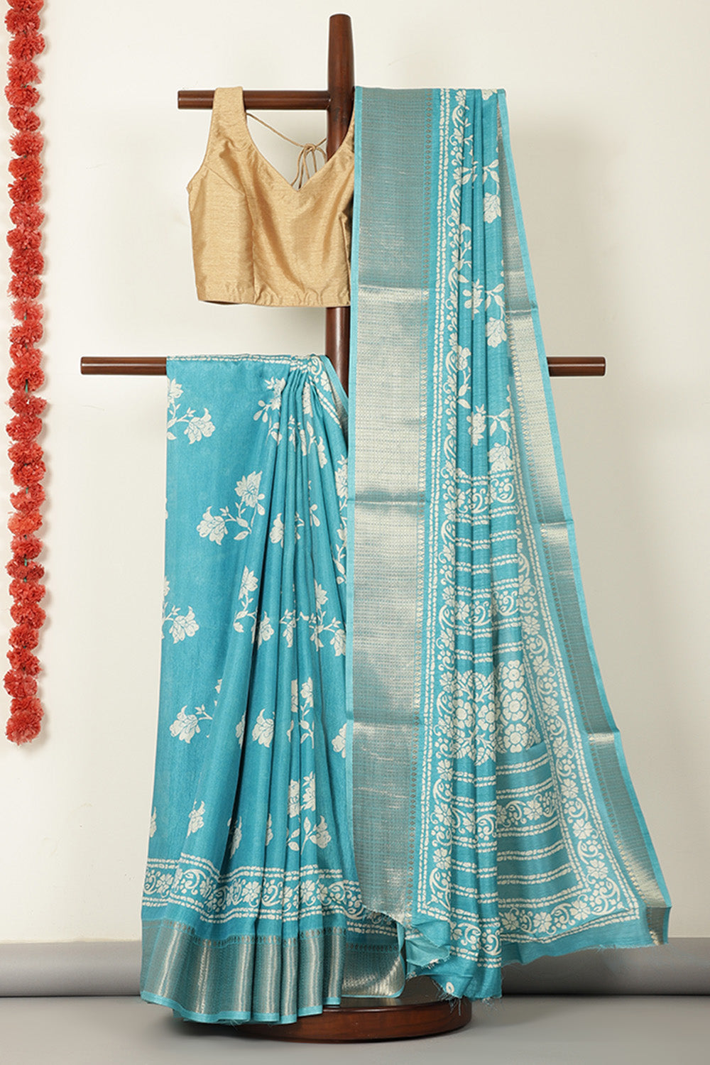 Turquoise Cotton Silk Block Printed Saree