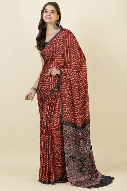 Maroon Jacquard Silk Bandhani Printed Saree