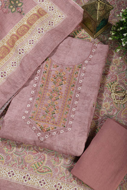 Dusty Pink Cotton Resham Embroidered Unstitched Suit
