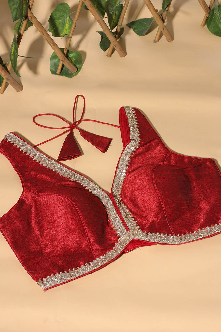 Maroon Tussar Silk Zari And Sequins Embroidered Readymade Blouse