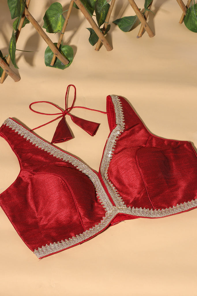 Maroon Tussar Silk Zari And Sequins Embroidered Readymade Blouse