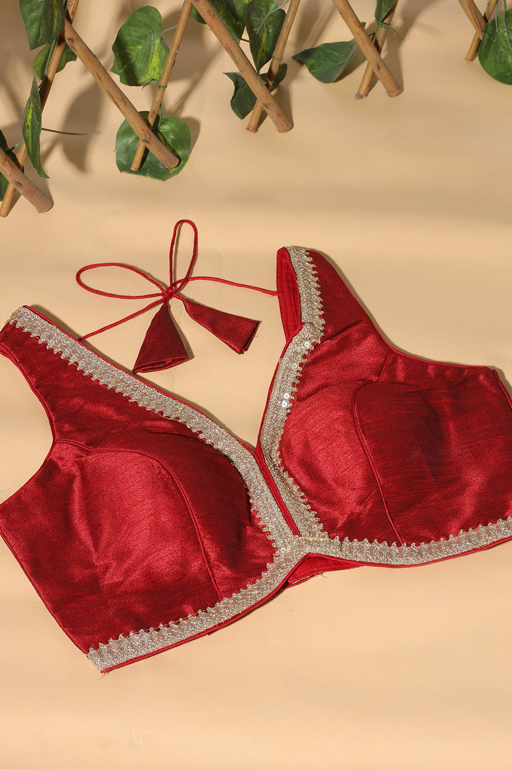 Maroon Tussar Silk Zari And Sequins Embroidered Readymade Blouse