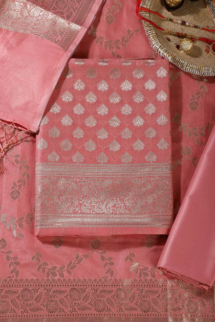 Peach Silk Zari Woven Unstitched Suit Fabric