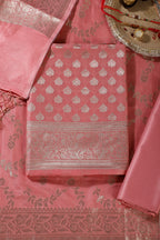 Peach Silk Zari Woven Unstitched Suit Fabric