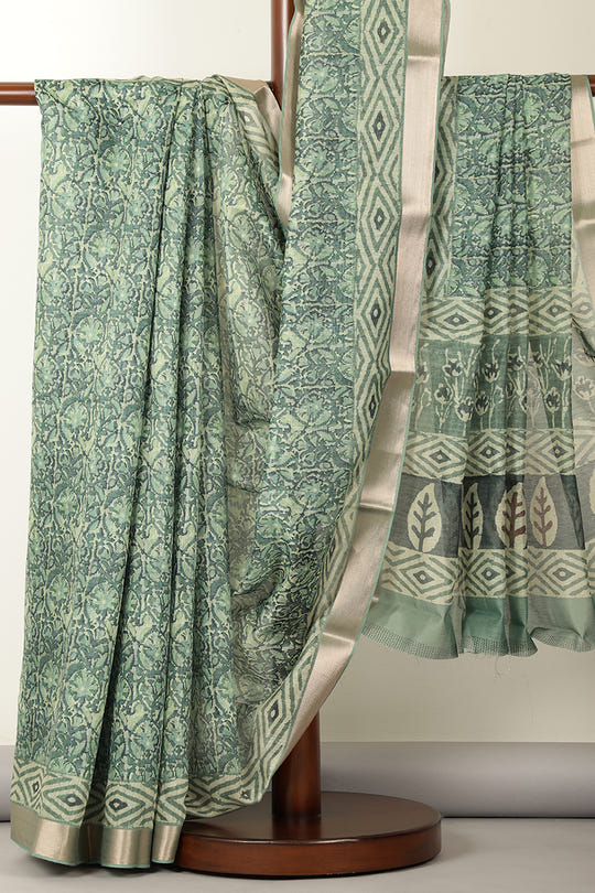 Green Abstract Printed Chanderi Cotton Saree