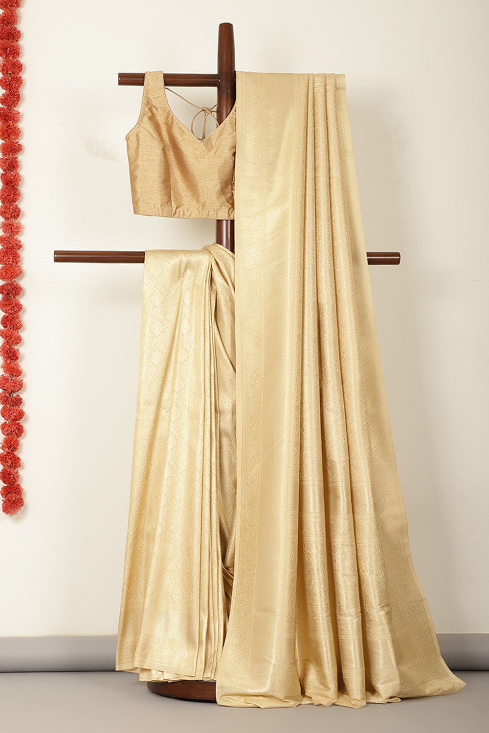 Beige Soft Silk Zari Woven Saree