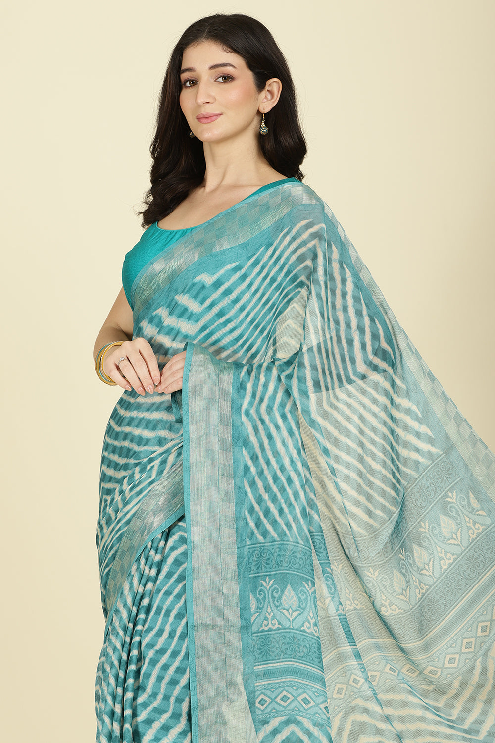 Firozi Color Chiffon Leheriya Printed Saree