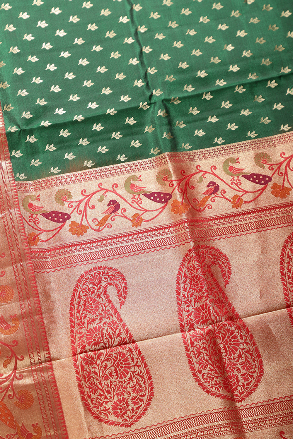 Green Color Pure Handloom Silk Zari & Butti Work Saree with Paithani Border