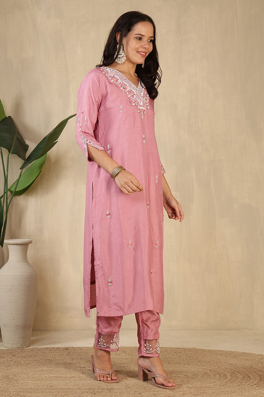 Pink Neck Embroidered Silk Suit