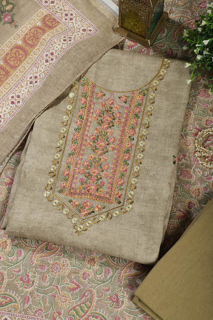 Light Mehandi Green Cotton Resham Embroidered Unstitched Suit