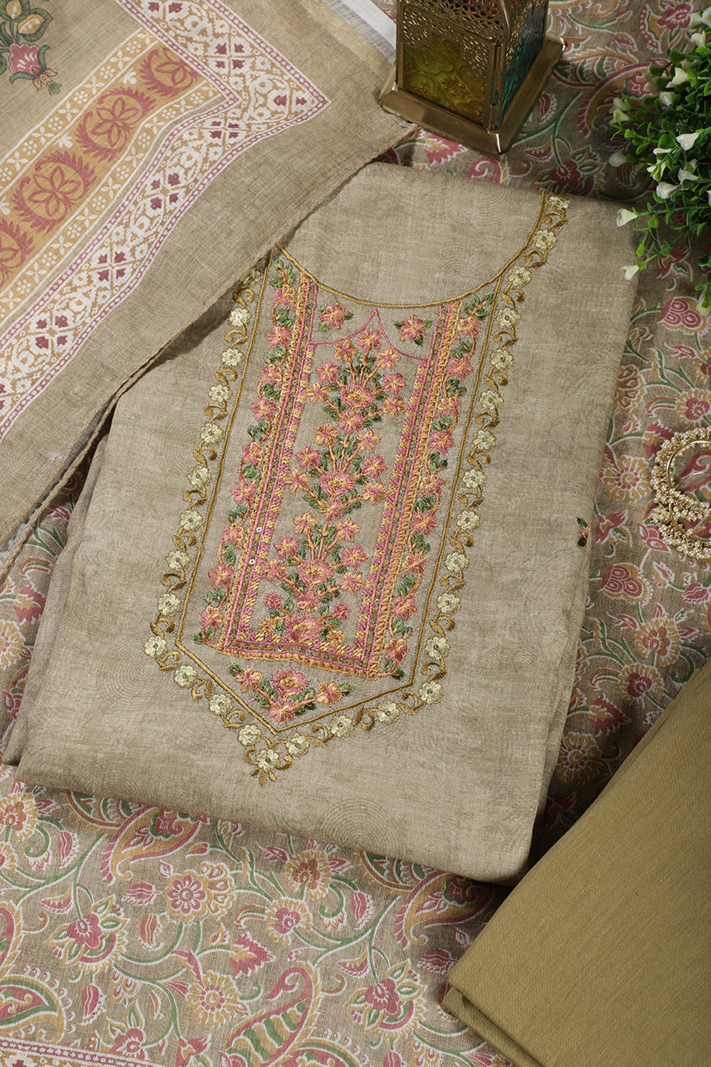 Light Mehandi Green Cotton Resham Embroidered Unstitched Suit