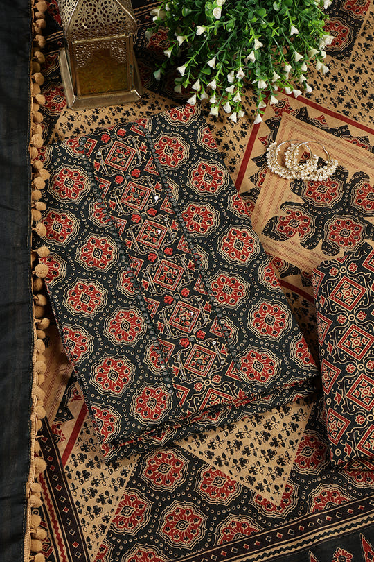 Bottle Green Cambric Cotton Printed And Mirror Wrok Unstitched Suit Material