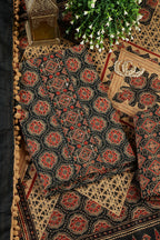 Bottle Green Cambric Cotton Printed And Mirror Wrok Unstitched Suit Material