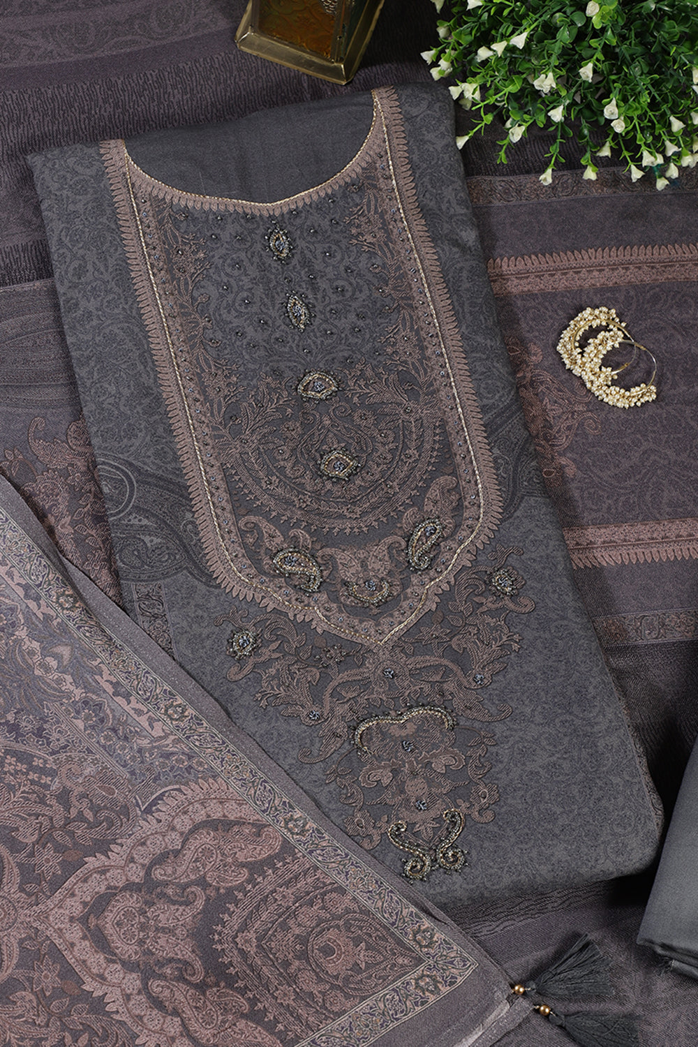 Grey Floral Jaal Printed Spun Unstitched Suit Material