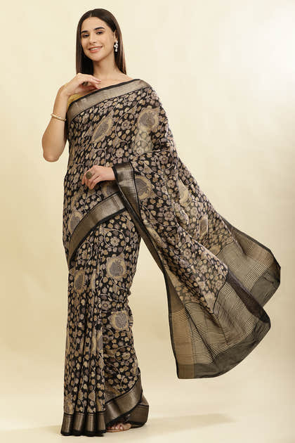 Black Floral Printed & Zari Border Cotton Silk Saree