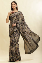 Black Floral Printed & Zari Border Cotton Silk Saree