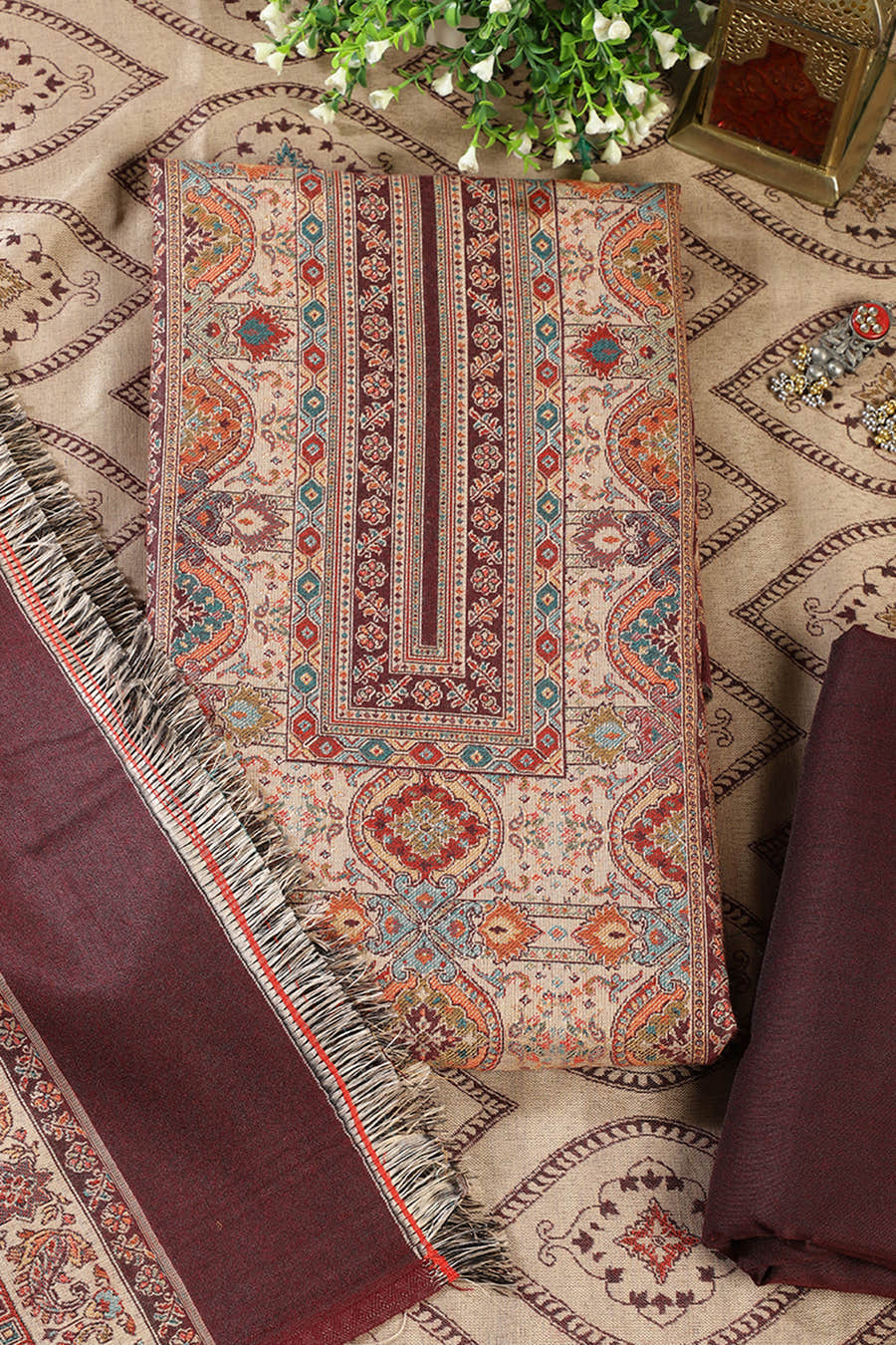 Maroon Pashmina Digital Printed Unstitched Suit Material