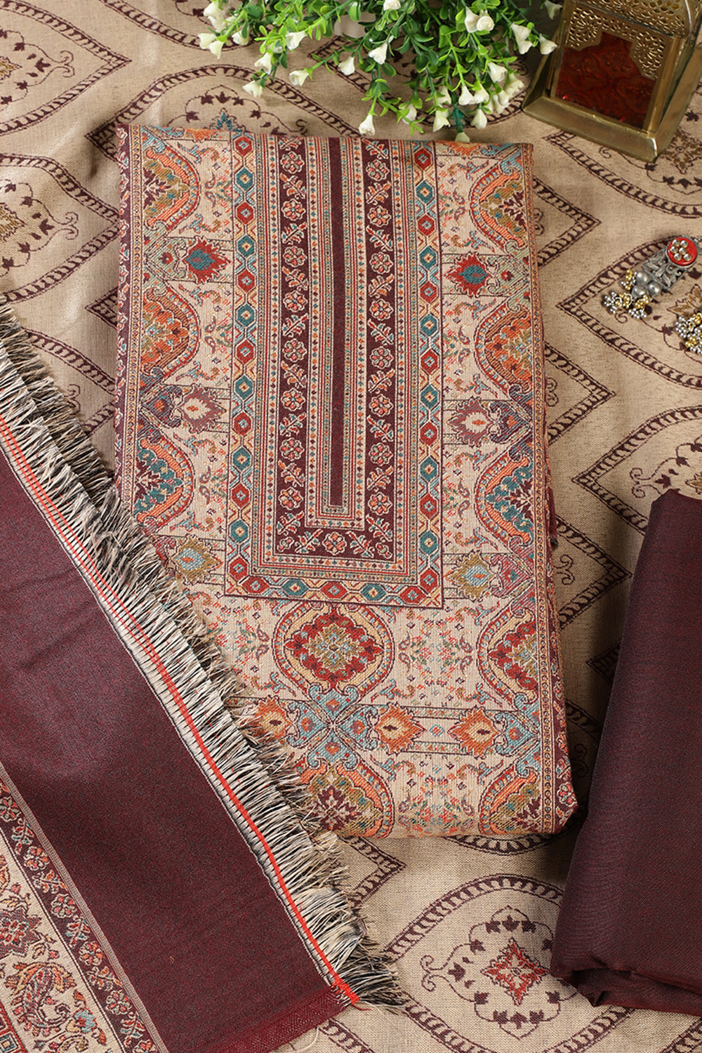 Maroon Pashmina Digital Printed Unstitched Suit Material