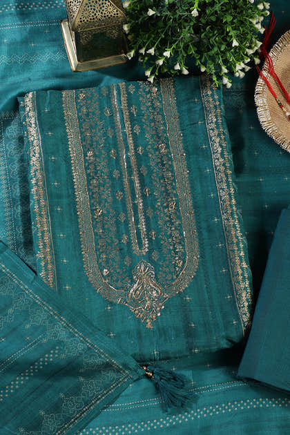 Teal Silk Zari Woven And Bandhani Printed Unstitched Suit Fabric