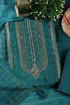 Teal Silk Zari Woven And Bandhani Printed Unstitched Suit Fabric