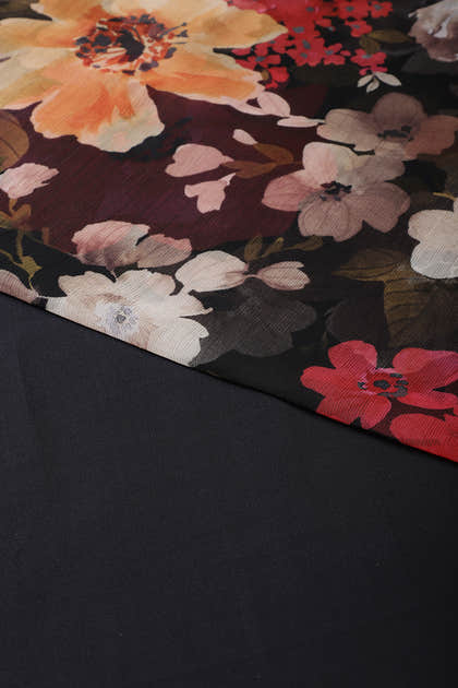 Black Colour Floral Printed Chiffon Saree