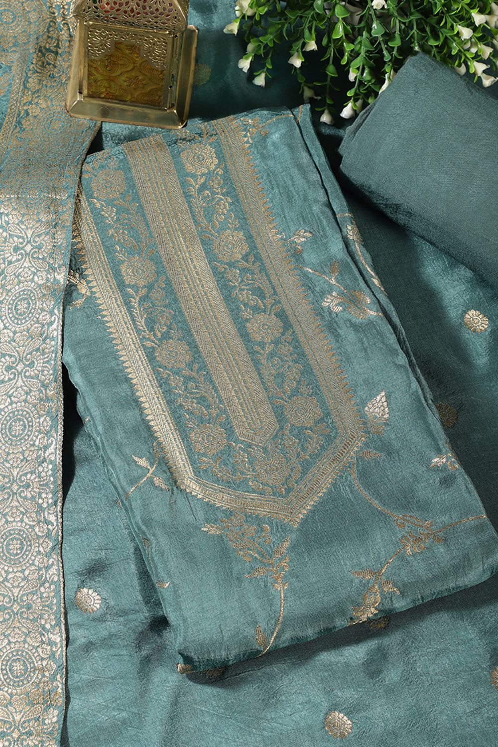 Sea Green Banarsi Floral Woven Silk Unstitched Suit