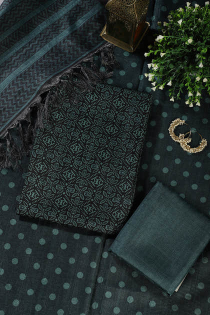 Bottle Green Chanderi Cotton Printed Unstiched Suit Material