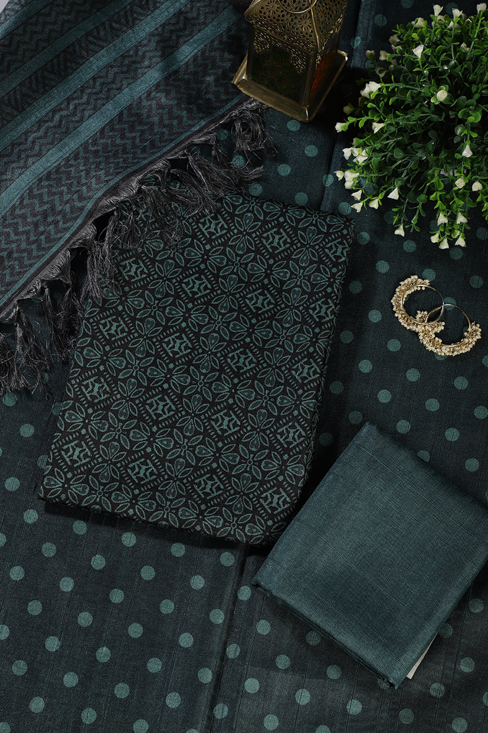 Bottle Green Chanderi Cotton Printed Unstiched Suit Material