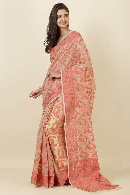 Beige Cotton Resham Woven Saree