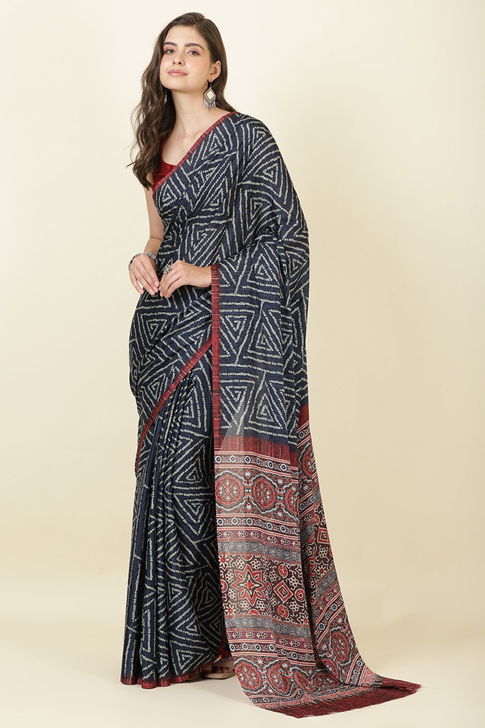 Navy Jacquard Silk Bandhani Printed Saree