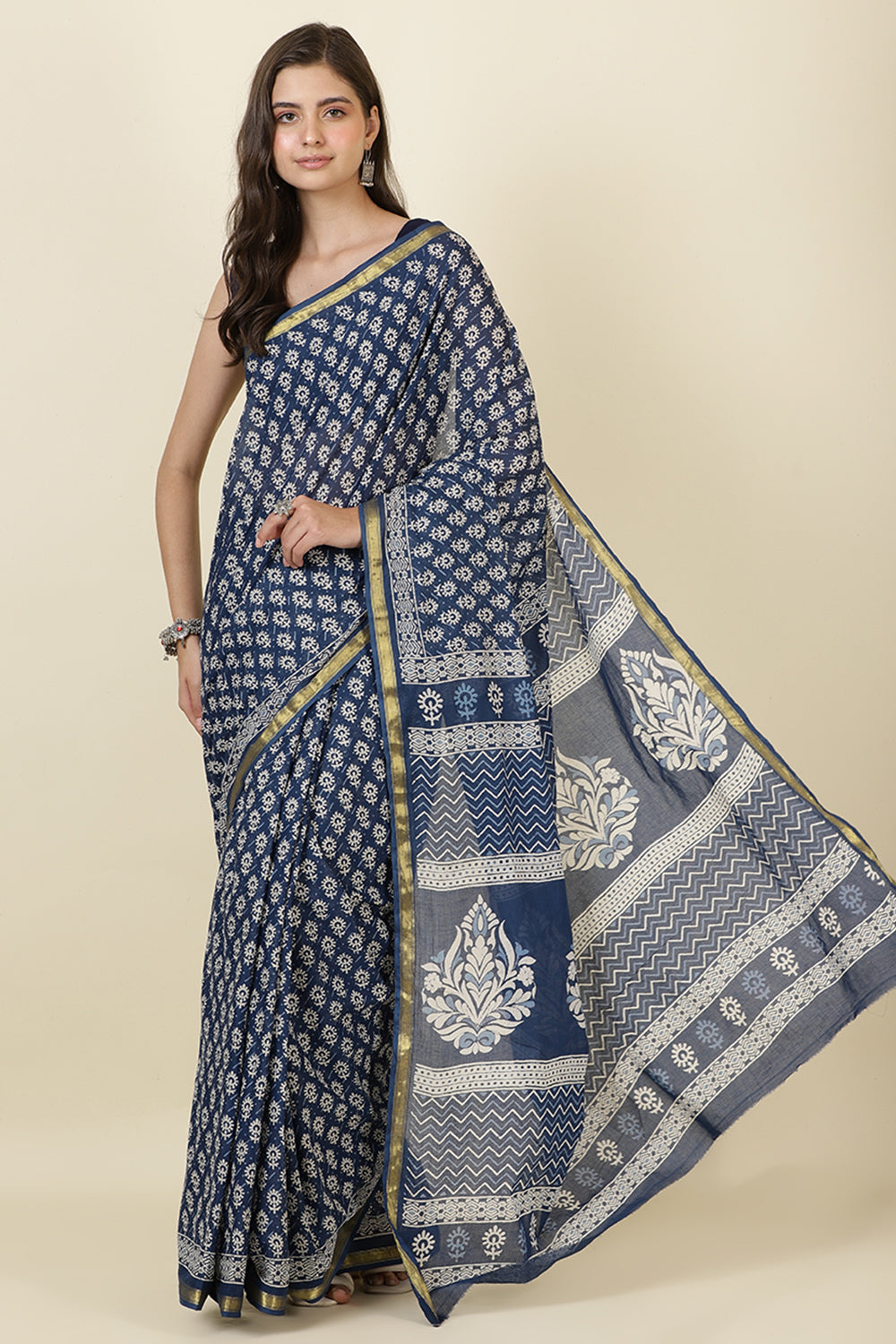 Indigo Blue Cotton Block Printed Saree