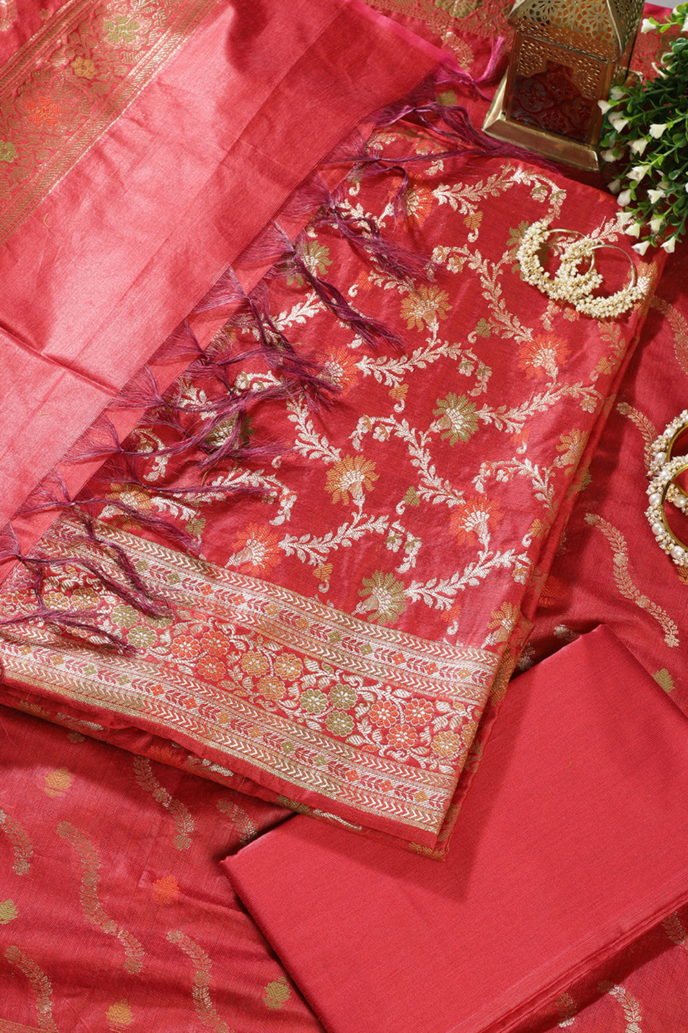 Red Chanderi Silk Resham And Zari Woven Unstitched Suit Material