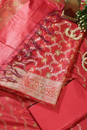 Red Chanderi Silk Resham And Zari Woven Unstitched Suit Material