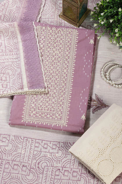 Mauve Colour Cotton Printed & Resham Neck Embroidered Unstitched Suit