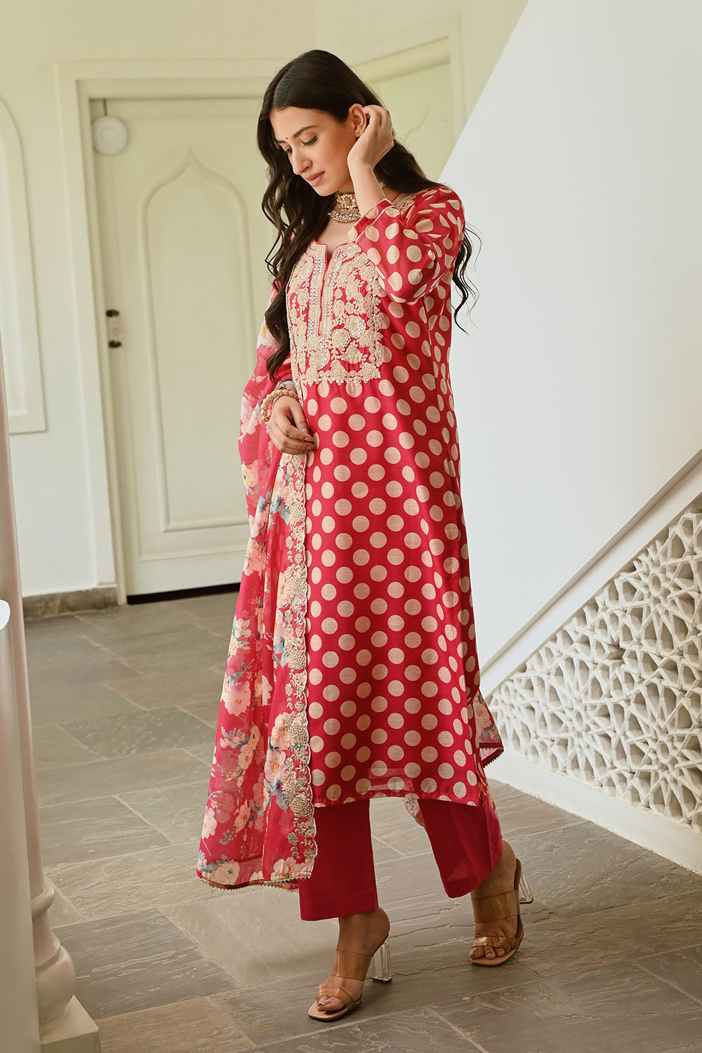 Fuchsia Pink Color Chanderi Printed Suit