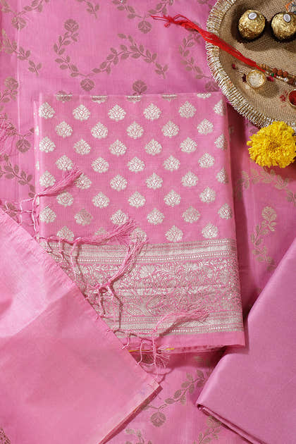 Pink Silk Zari Woven Unstitched Suit Fabric
