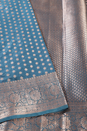 Blue Denim Zari Banarasi Woven Silk Saree