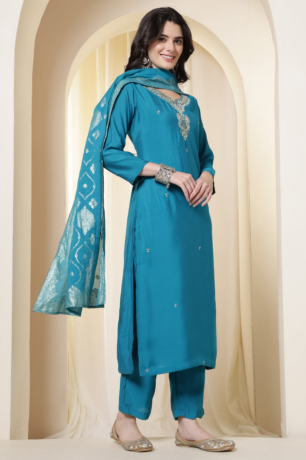 Purple Silk Neck Embroidered Suit Set With Woven Dupatta