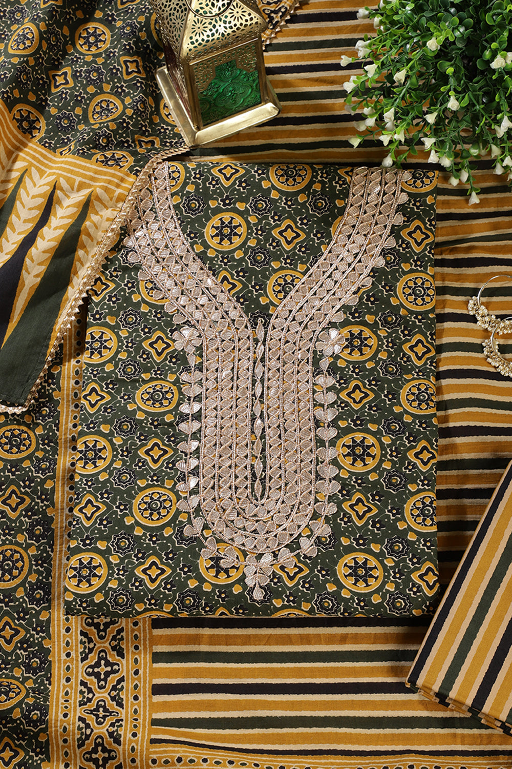 Green Cotton Printed & Neck Embroidered Unstitched Suit Material