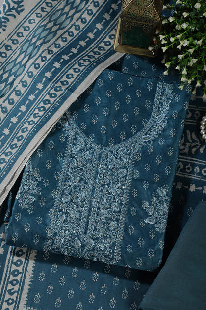 Blue Chanderi Silk Printed And Embroidered Unstitched Suit Material