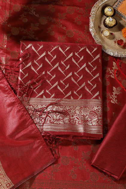 Maroon Colour Zari Woven Silk Unstitched Suit Material