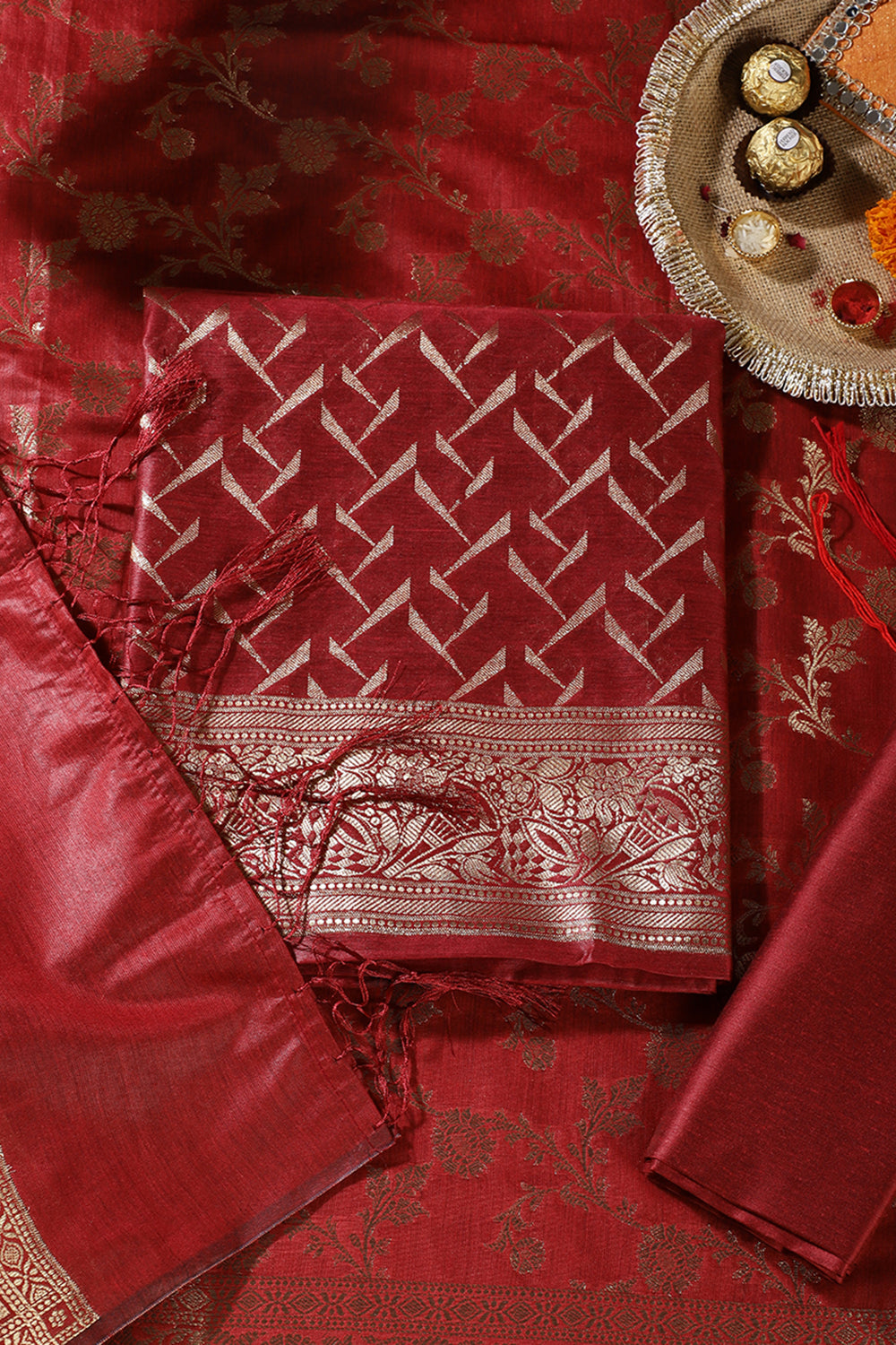 Maroon Colour Zari Woven Silk Unstitched Suit Material