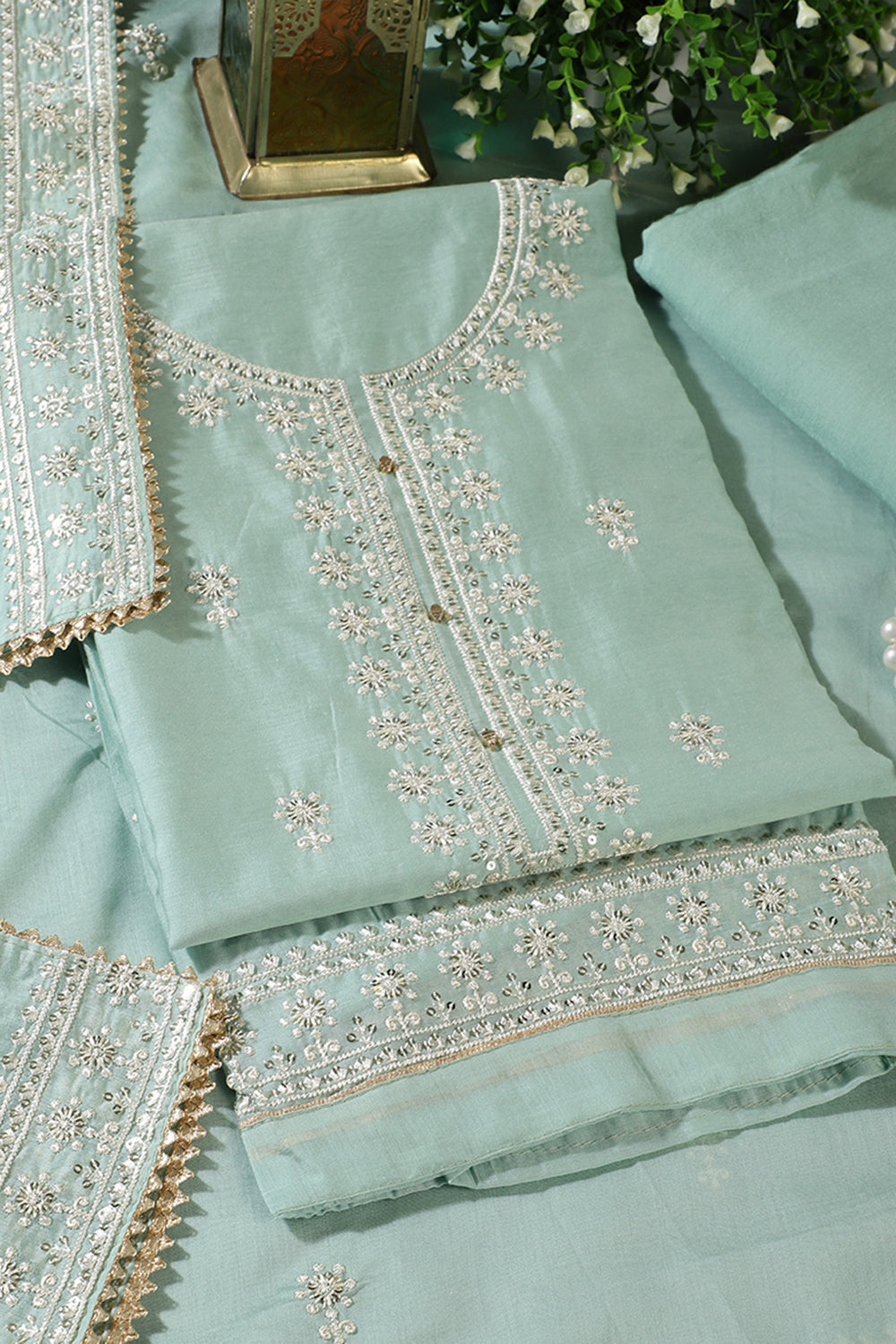 Sea Green Chanderi Silk Resham Embroidered Unstitched Suit Material